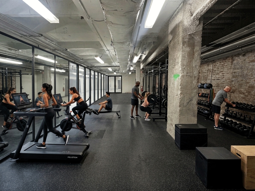 The gym at Ferris & Co: bikes, treadmills, racks, and free weights