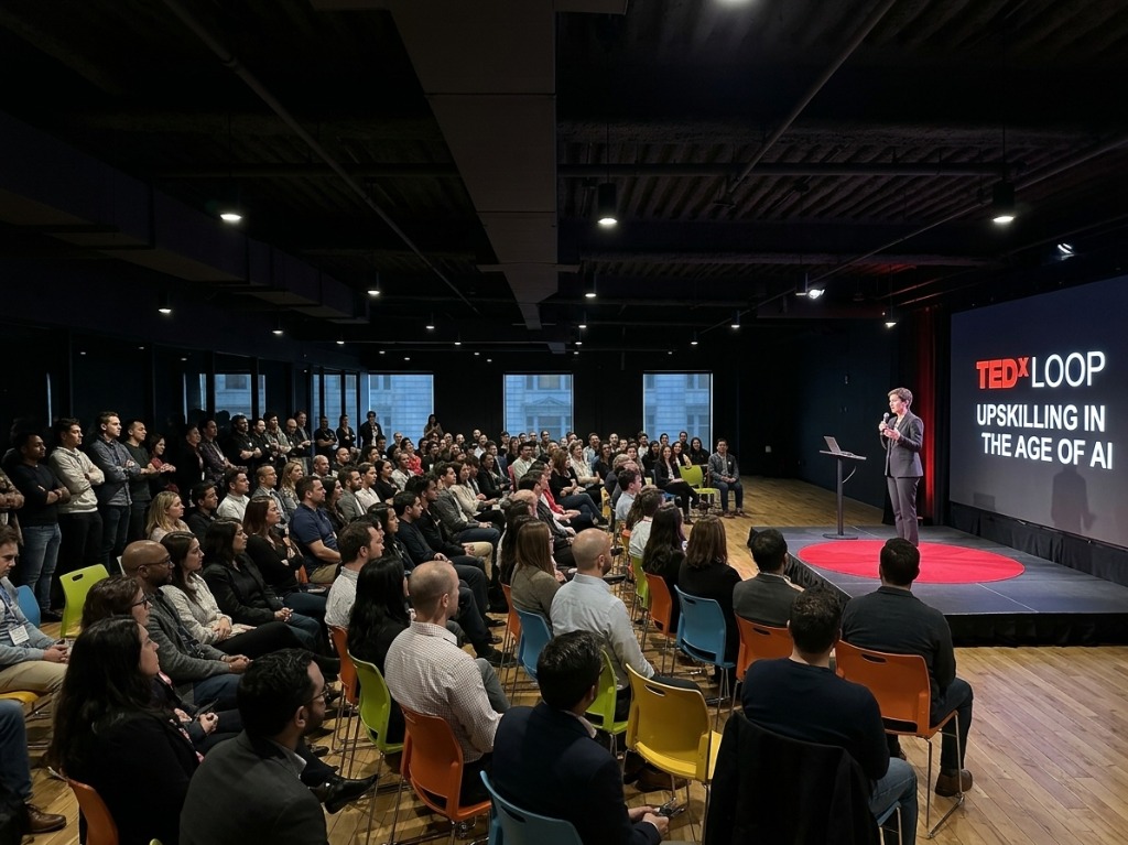 A TEDxLoop talk on upskilling in the age of AI, hosted at Ferris & Co